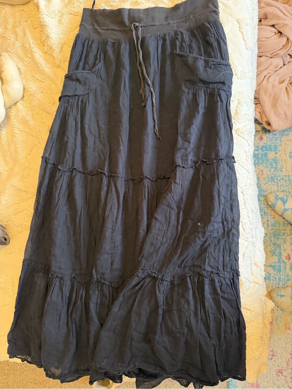 Solitaire Black Tiered Maxi Skirt with Drawstring Waist and Pockets